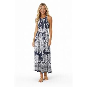 Kate and Lily Navy Floral Halter Maxi Dress Size 6 Sleeveless Blue White Boho